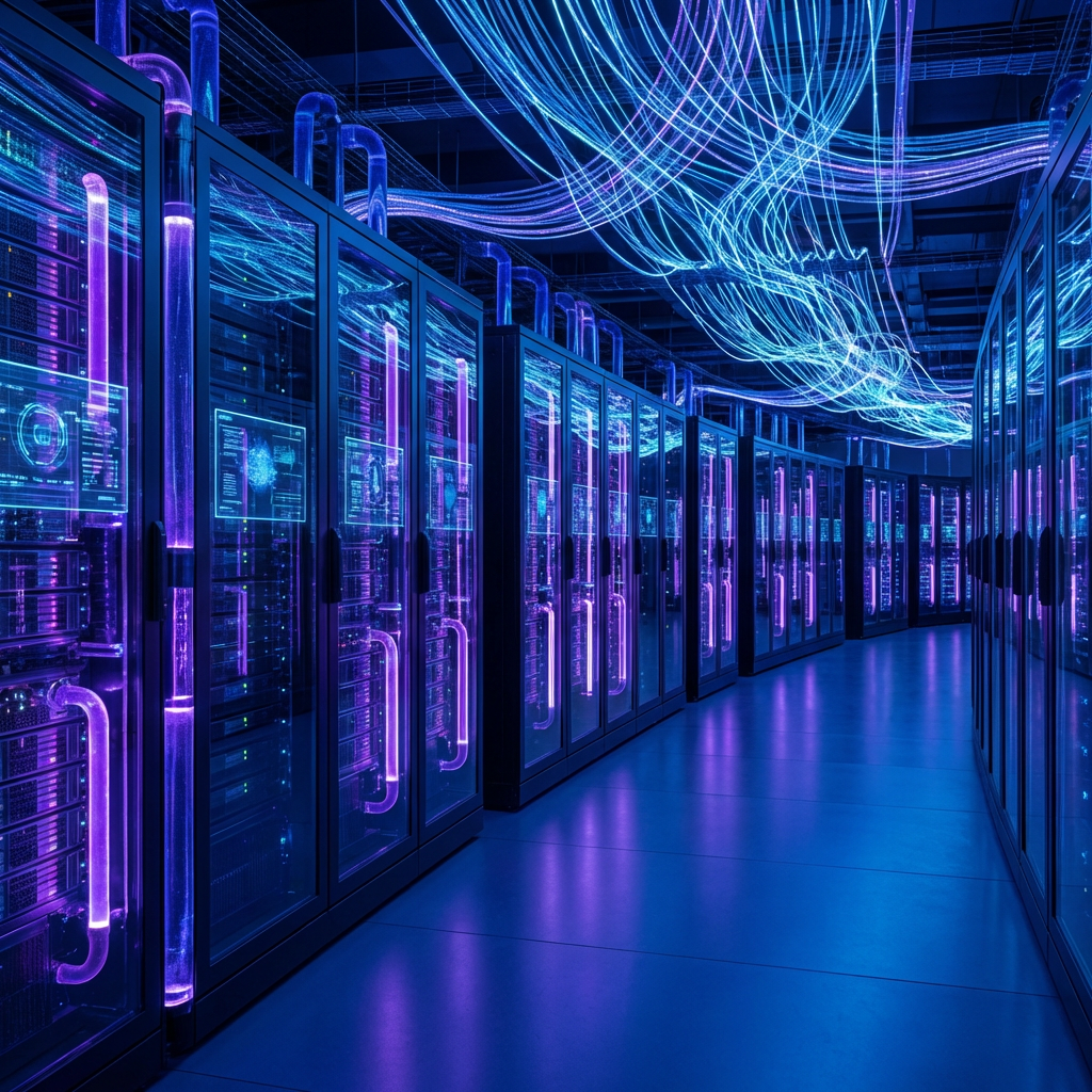Futuristic server room with rows of racks glowing purple and blue fiber optic ceiling lights.