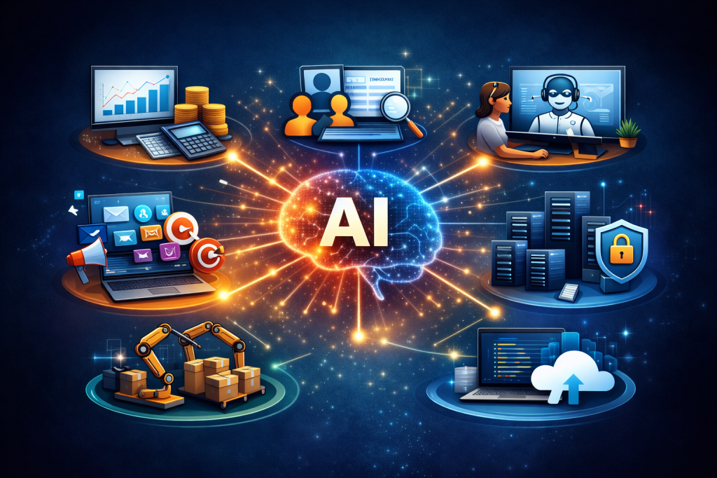 Central AI brain linked to finance, HR, marketing, IT, and customer service functions