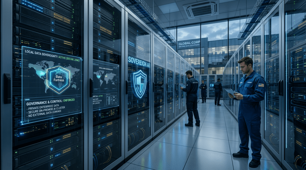 Technicians working in a secure data center with servers and data sovereignty visuals