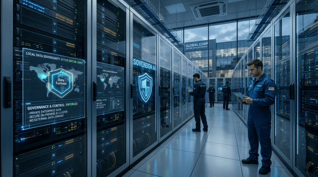 Technicians working in a secure data center with servers and data sovereignty visuals