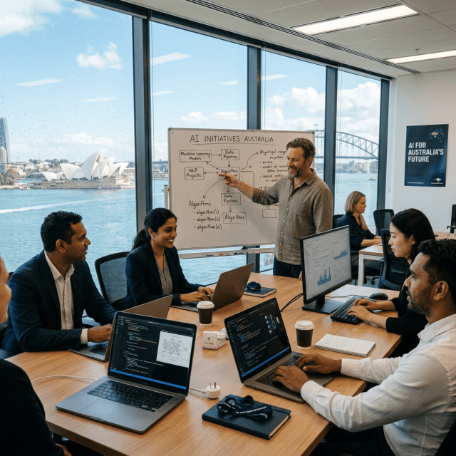 Team discussing AI initiatives with laptops and whiteboard in office by Sydney Harbour