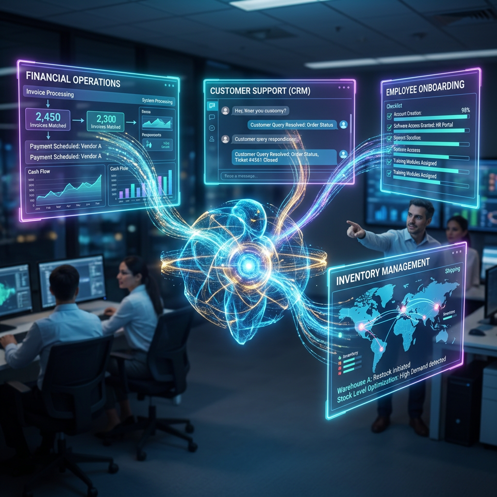 AI model connecting financial operations, customer support, employee onboarding, and inventory management screens