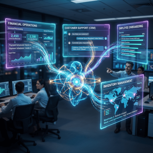 AI model connecting financial operations, customer support, employee onboarding, and inventory management screens