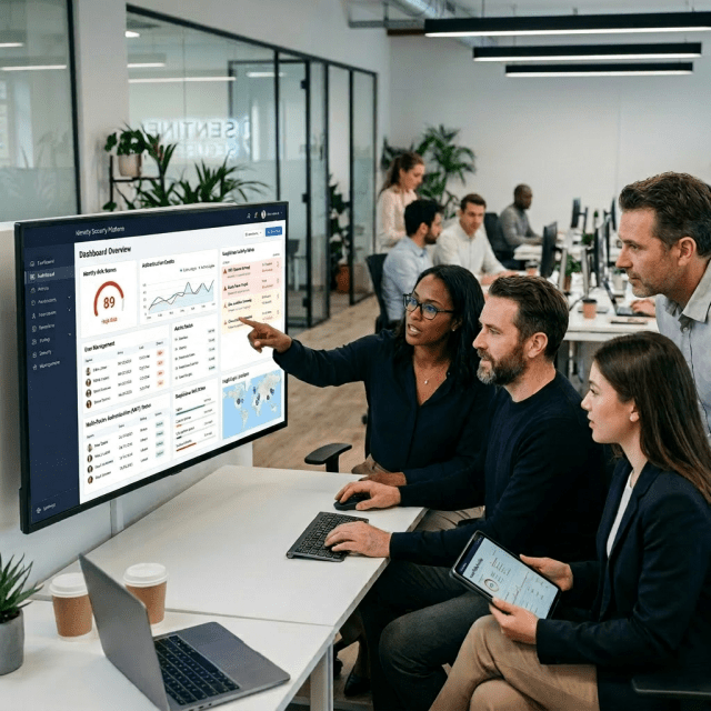 Four professionals analyzing cybersecurity dashboard on large monitor and tablet in office
