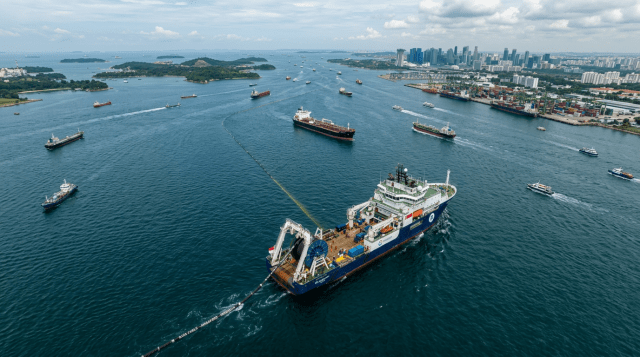 Cable laying ship deploying subsea cable near Singapore harbor with multiple ships and cityscape