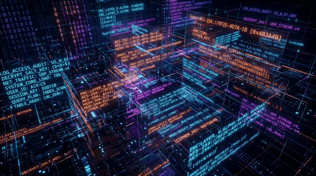 3D visualization of layered encryption codes and cipher keys in a digital network