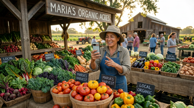 Woman in hat and apron using smartphone at an organic vegetable market stand