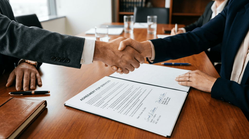 Handshake over signed business agreement on wooden table