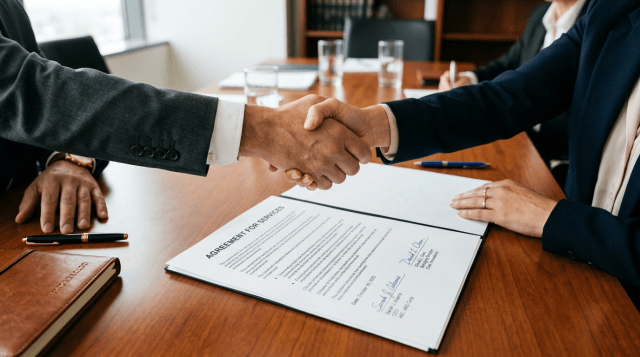 Handshake over signed business agreement on wooden table