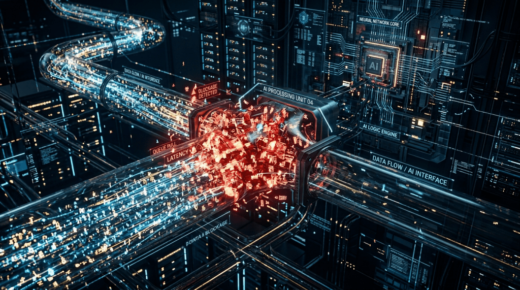 Digital data streams flowing through transparent tubes with a central AI processing unit showing a data blockage alert