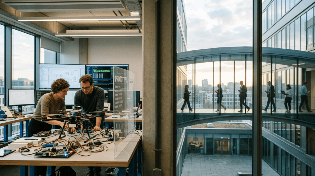 Two engineers working on a drone prototype with multiple monitors and electronic components