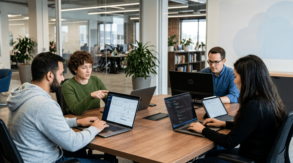 Four professionals collaborating around laptops beneath a Cloud Managed Services Network Ops sign